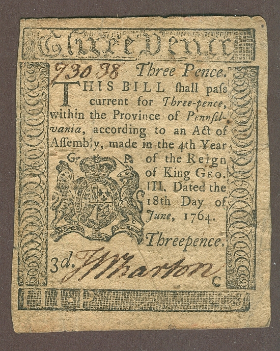 PA-115, Pennsylvania Colony, June 18 1764, 3 Pence, [Benjamin Franklin] Choice AU, PCGS-55a